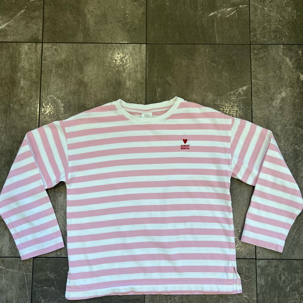 Zara Pink and White Striped Kids Shirt heart embroidered 11/12 heavy material - Picture 4 of 7
